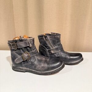 Bed Stu Manchester Black Distressed Leather Moto Ankle Boots 7.5 Zip Buckle